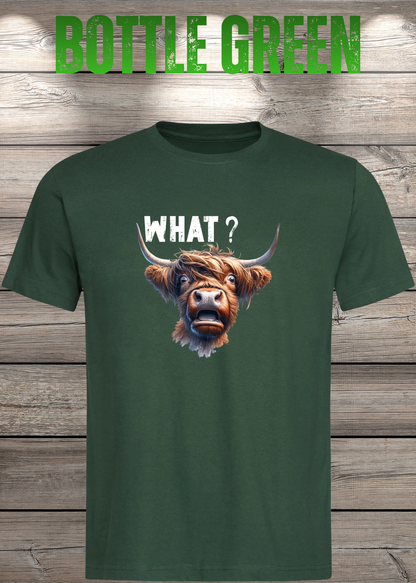 Unisex-T-Shirt „WHAT?“ in Bottle Green.