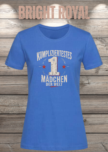 Damen-T-Shirt „Kompliziertestes Mädchen der Welt“ in Bright Royal.