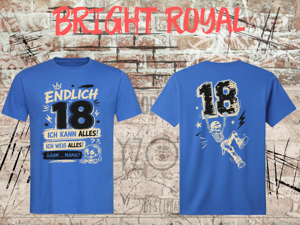 Unisex-T-Shirt „Endlich 18 – Ich kann alles, ich weiß alles“ in Bright Royal, Vorder- und Rückseite.