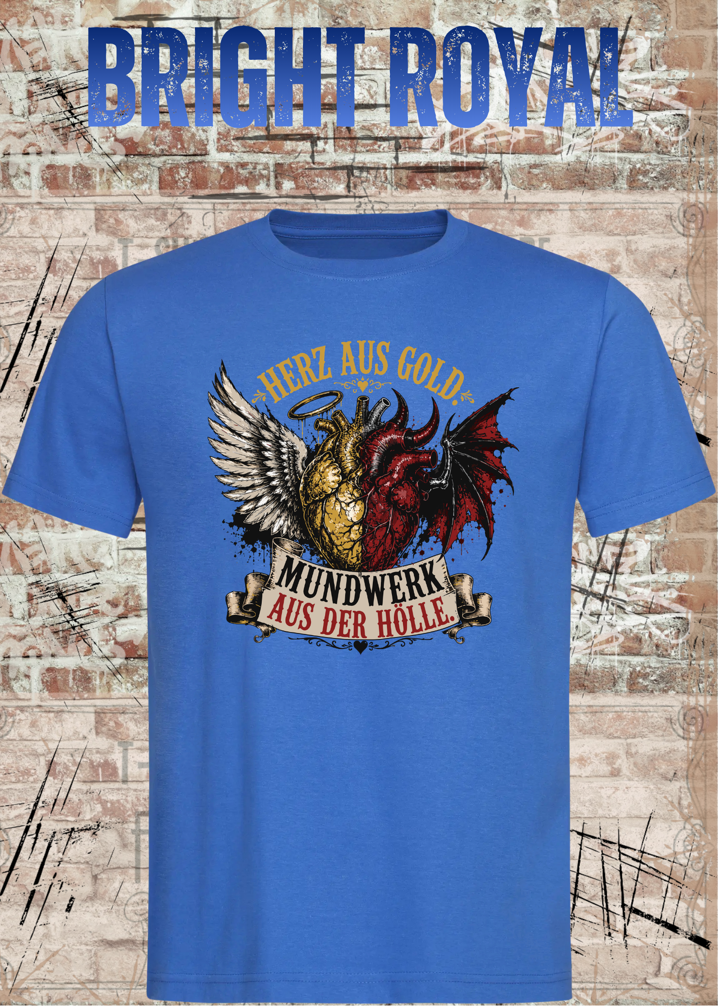 Herz aus Gold T-Shirt – Mundwerk aus der Hölle Shirt mit Engel & Teufel Motiv