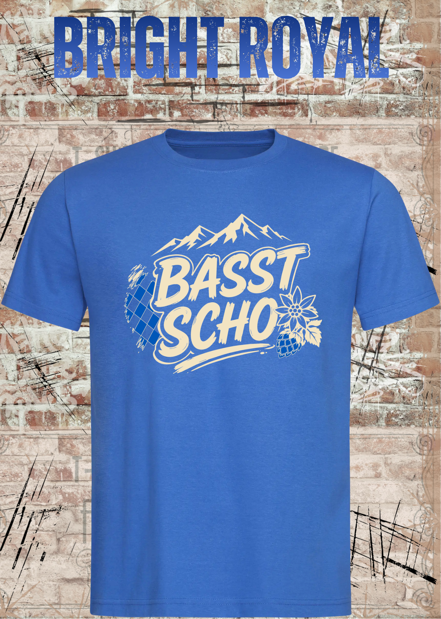 Basst scho – Bayerisches T-Shirt mit Bergen und Edelweiß