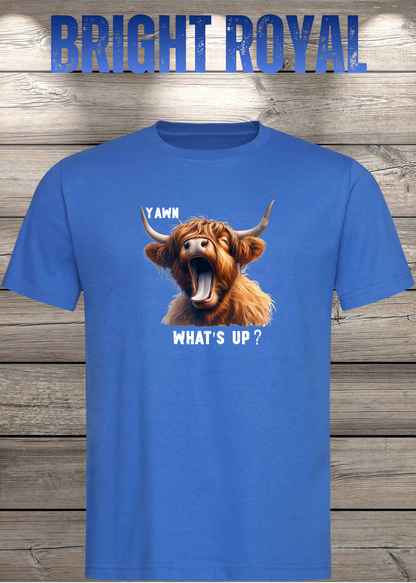 Unisex-T-Shirt „Yawn What's Up?“ in Bright Royal.