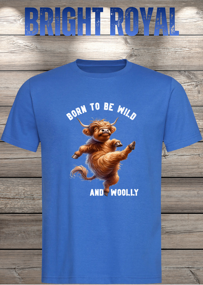 Unisex-T-Shirt „Born to Be Wild and Woolly“ in Bright Royal.