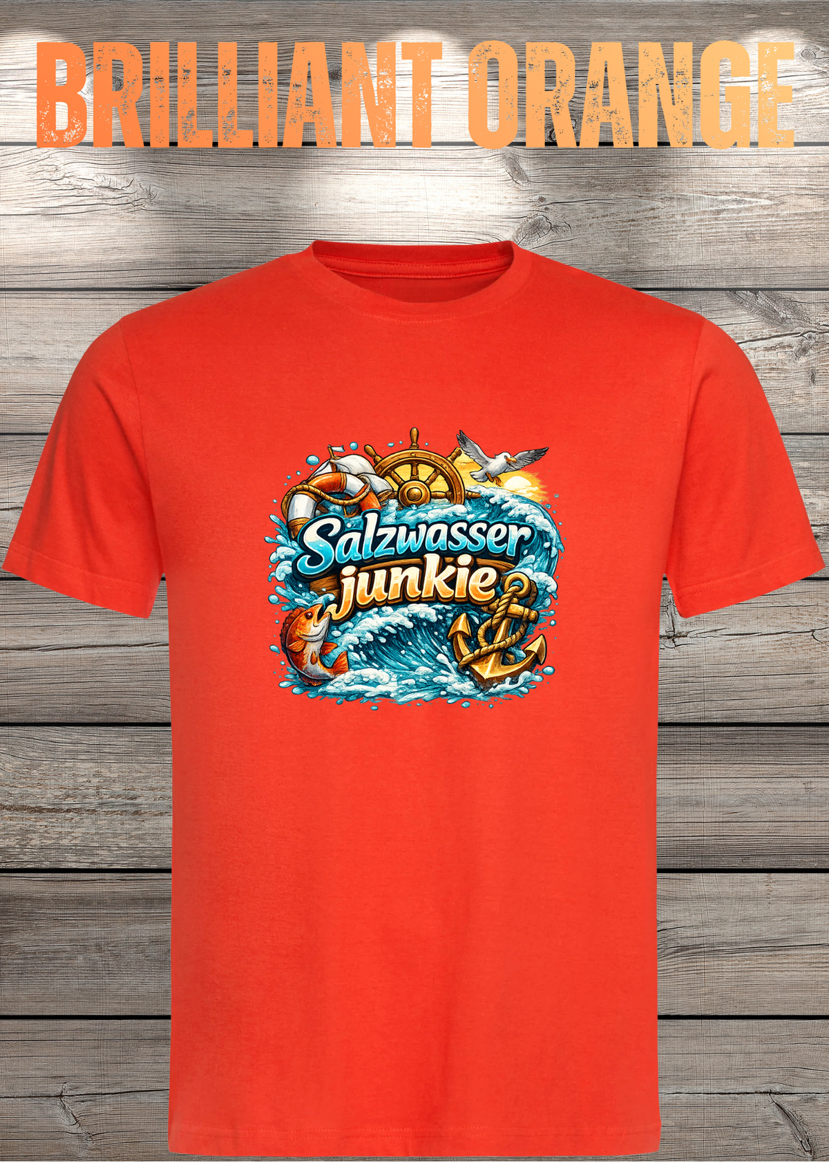 Salzwasser-Junkie Unisex T-Shirt in Brilliant Orange.