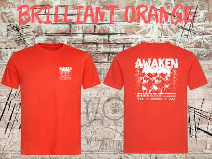 Unisex-T-Shirt „Awaken the Death“ in Brilliant Orange, Vorder- und Rückseite.