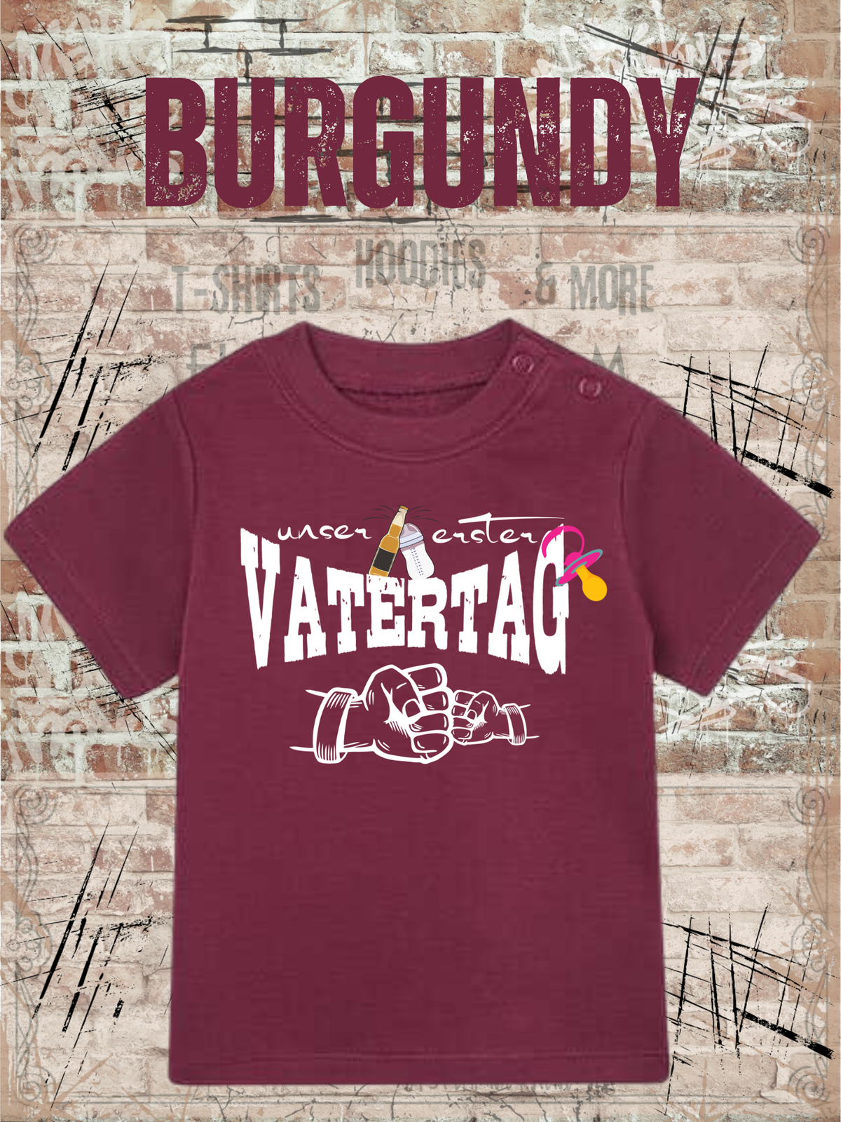 Baby Maedchen T-Shirt Unser erster Vatertag Suesse in Burgundy.