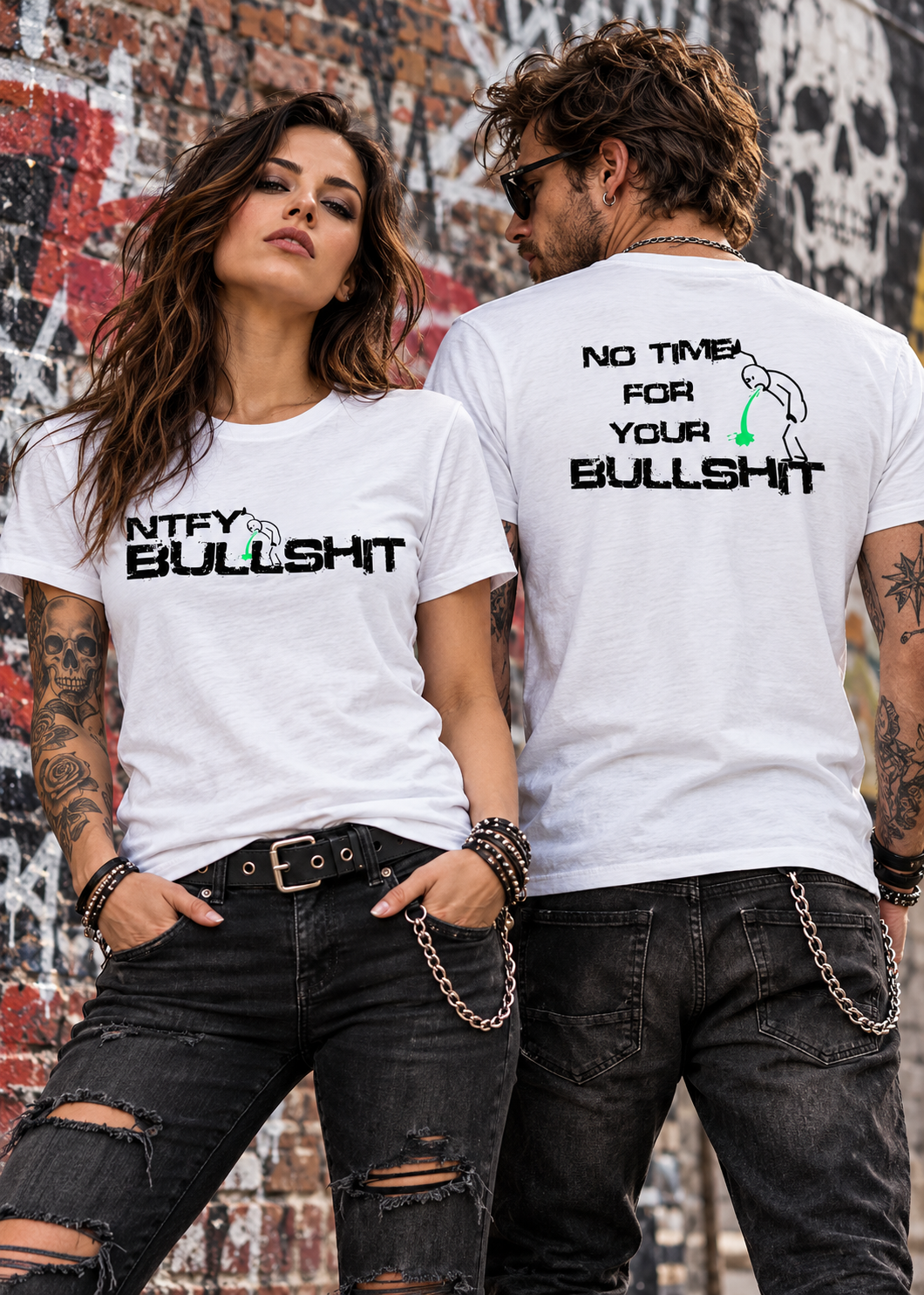 Tragebeispiel: Unisex-T-Shirt „No Time for Your Bullshit“ in White, Vorder- und Rückseite.