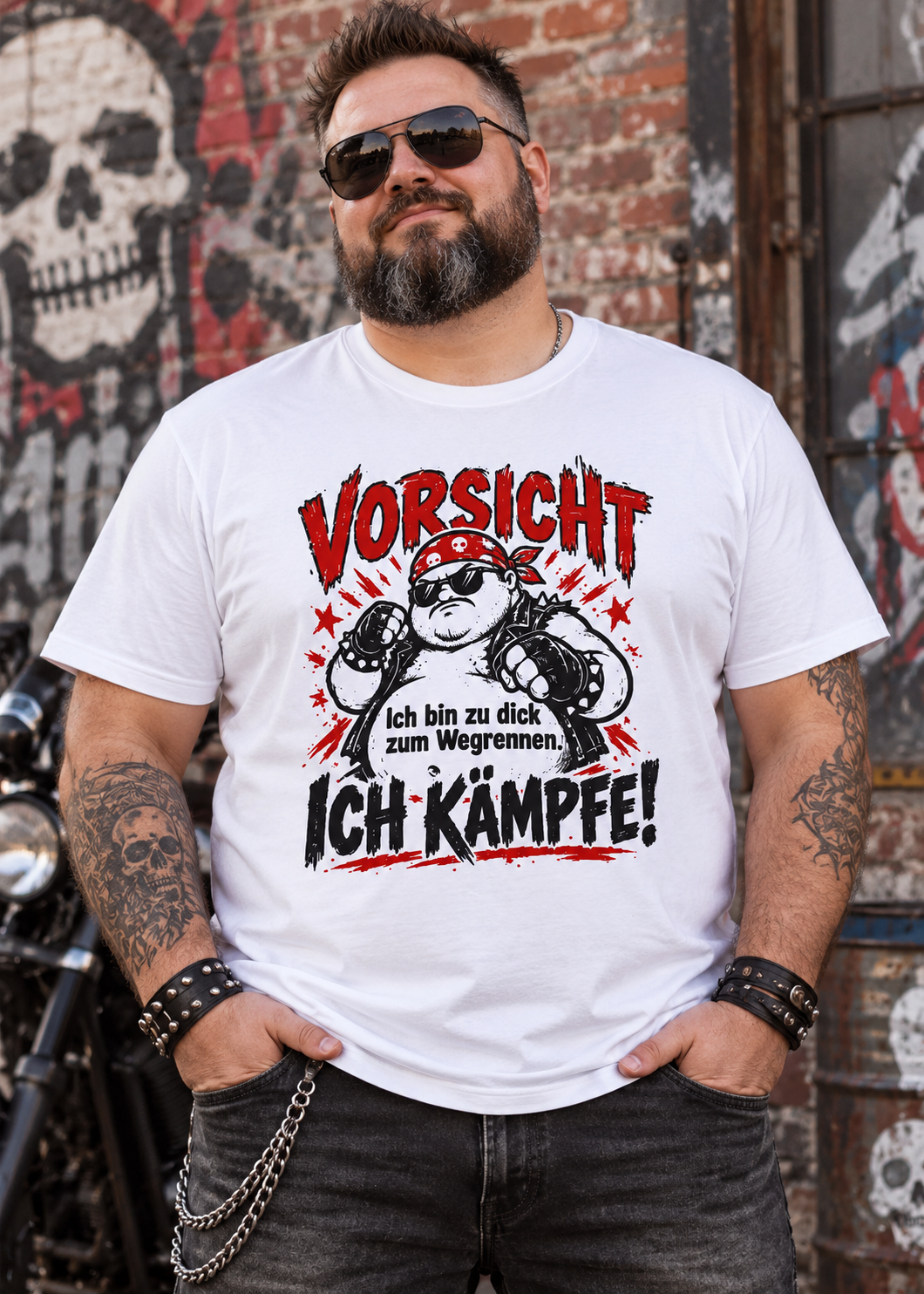 Tragebeispiel: Vorsicht – Ich bin zu dick zum Wegrennen, ich kämpfe! Herren T-Shirt in White.