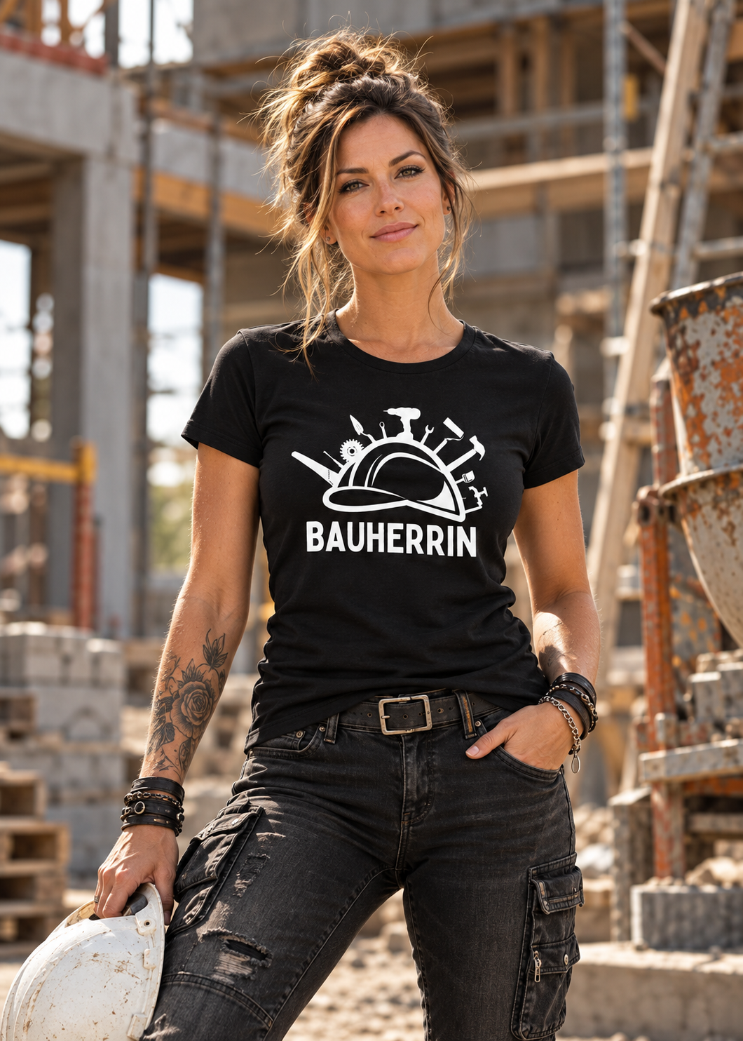 Tragebeispiel: Bauherrin Damen T-Shirt in Black Opal.