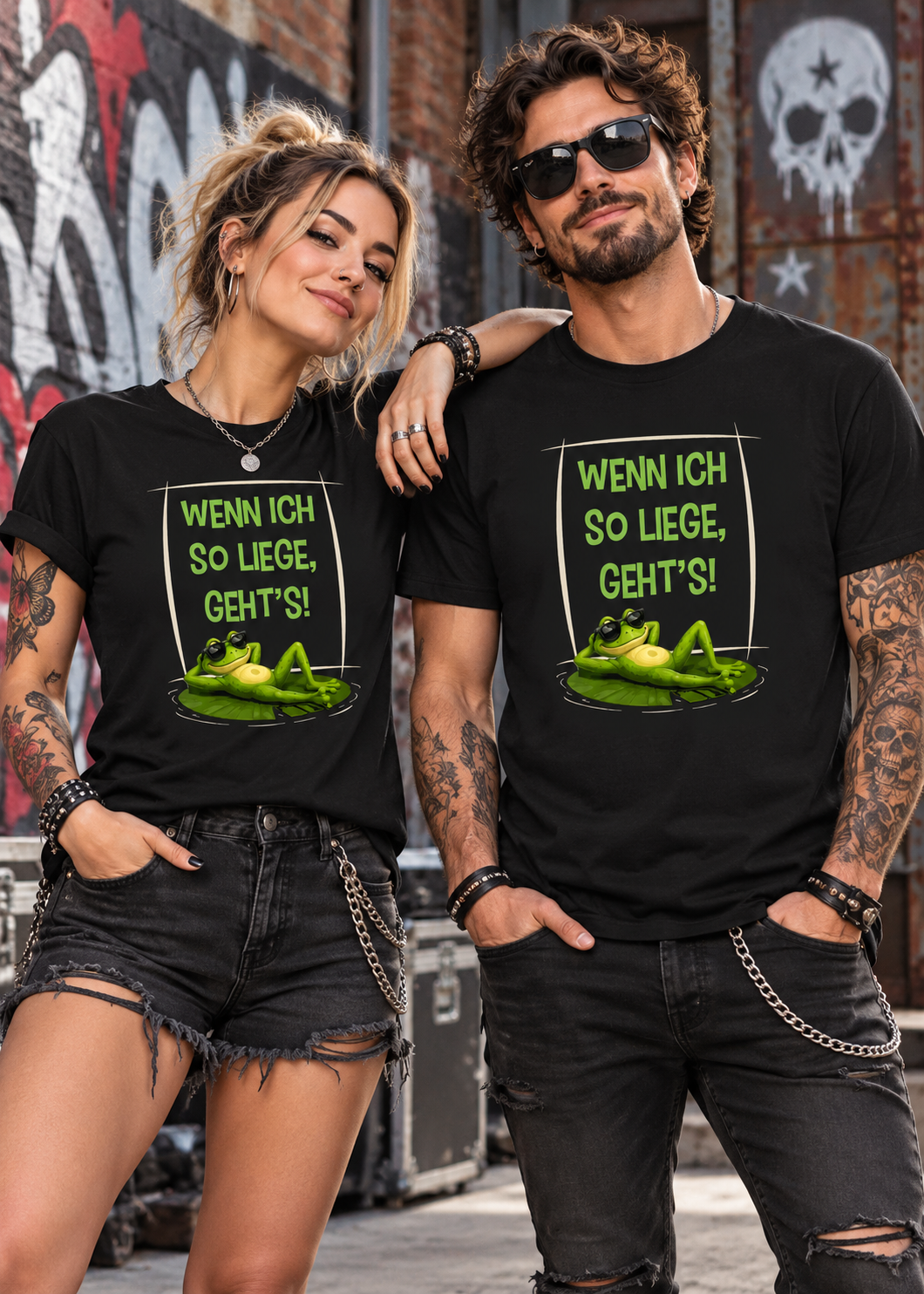 Tragebeispiel: Wenn ich so liege, geht's! Frosch T-Shirt in Black Opal.