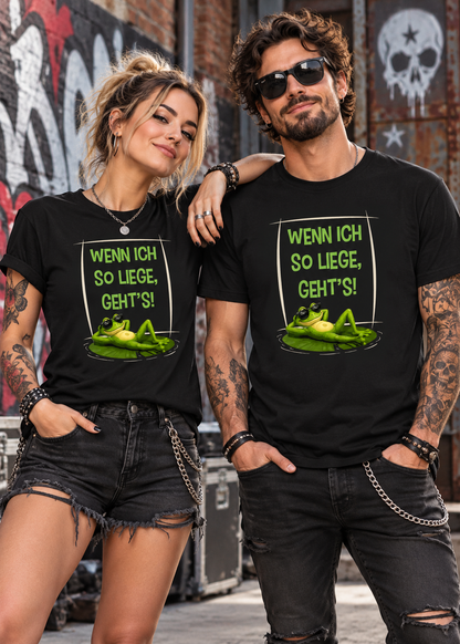 Tragebeispiel: Wenn ich so liege, geht's! Frosch T-Shirt in Black Opal.
