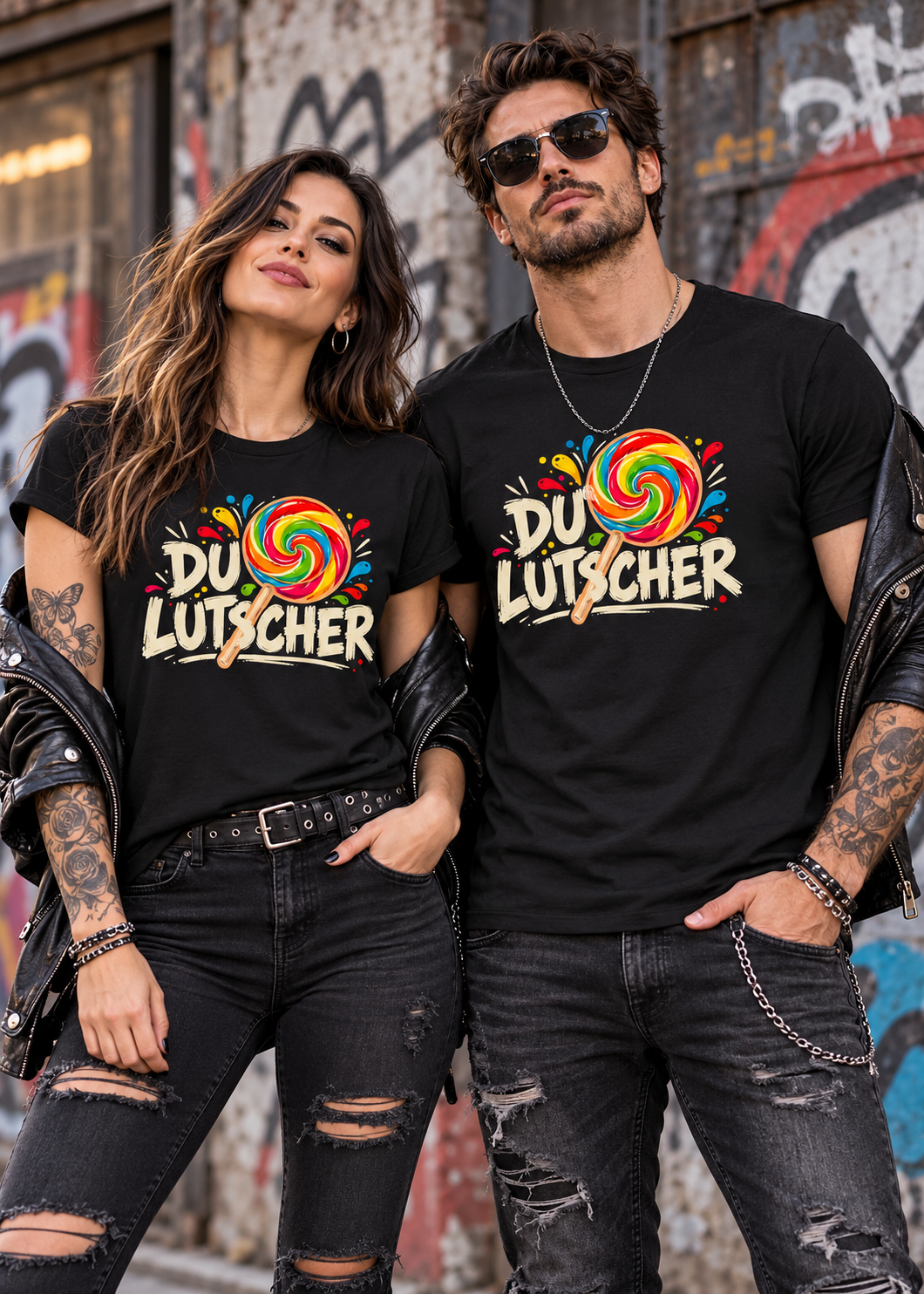 Tragebeispiel: Unisex-T-Shirt „Du Lutscher“ in Black Opal.