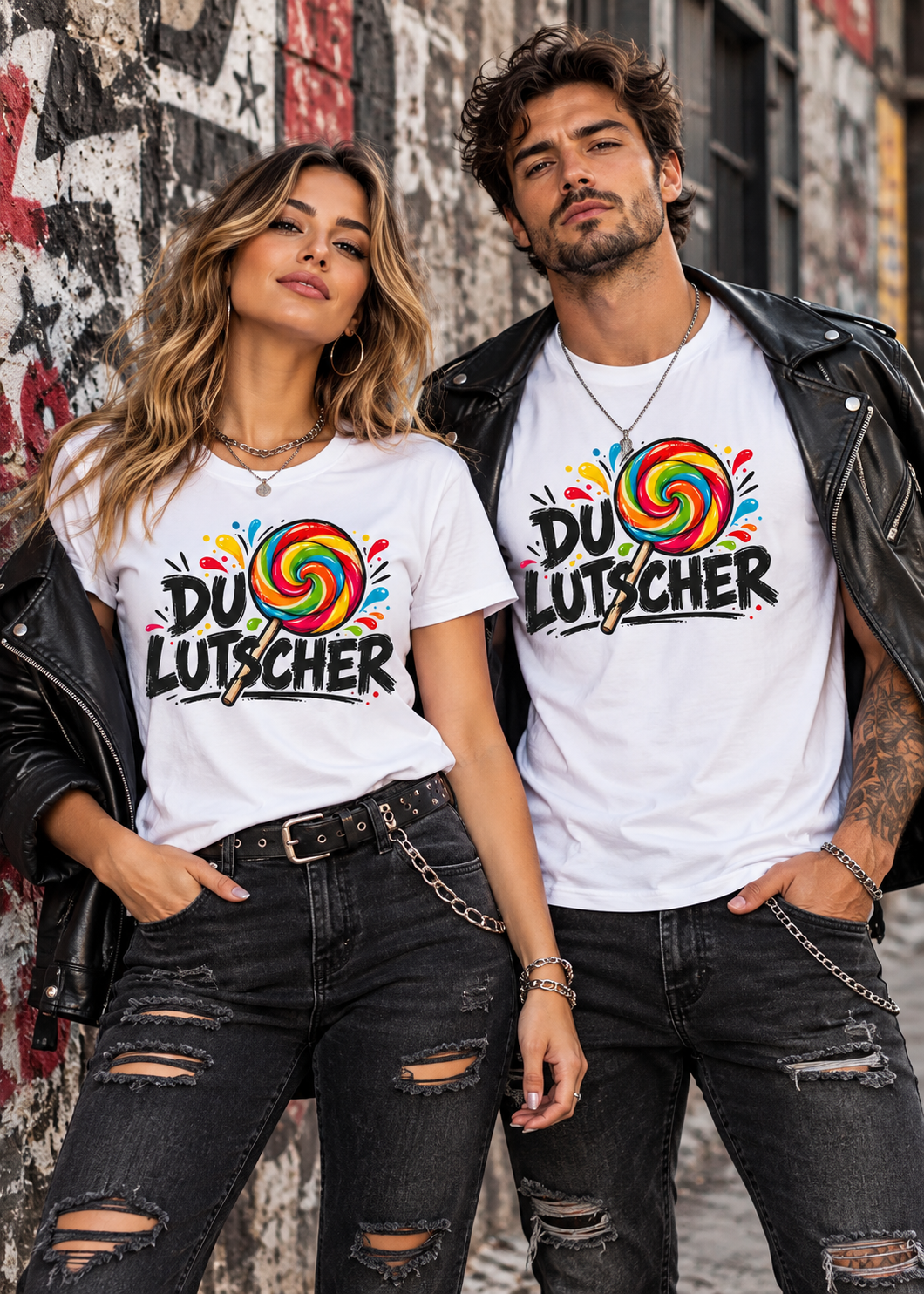 Tragebeispiel: Unisex-T-Shirt „Du Lutscher“ in White.
