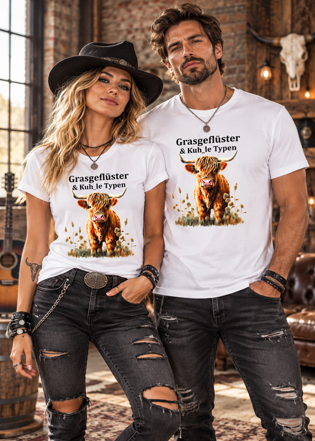 Rockiges Paar in weißen Grasgeflüster und Kuh_le Typen T-Shirts mit goldbraunem Highland-Rind vor rustikaler Backsteinwand