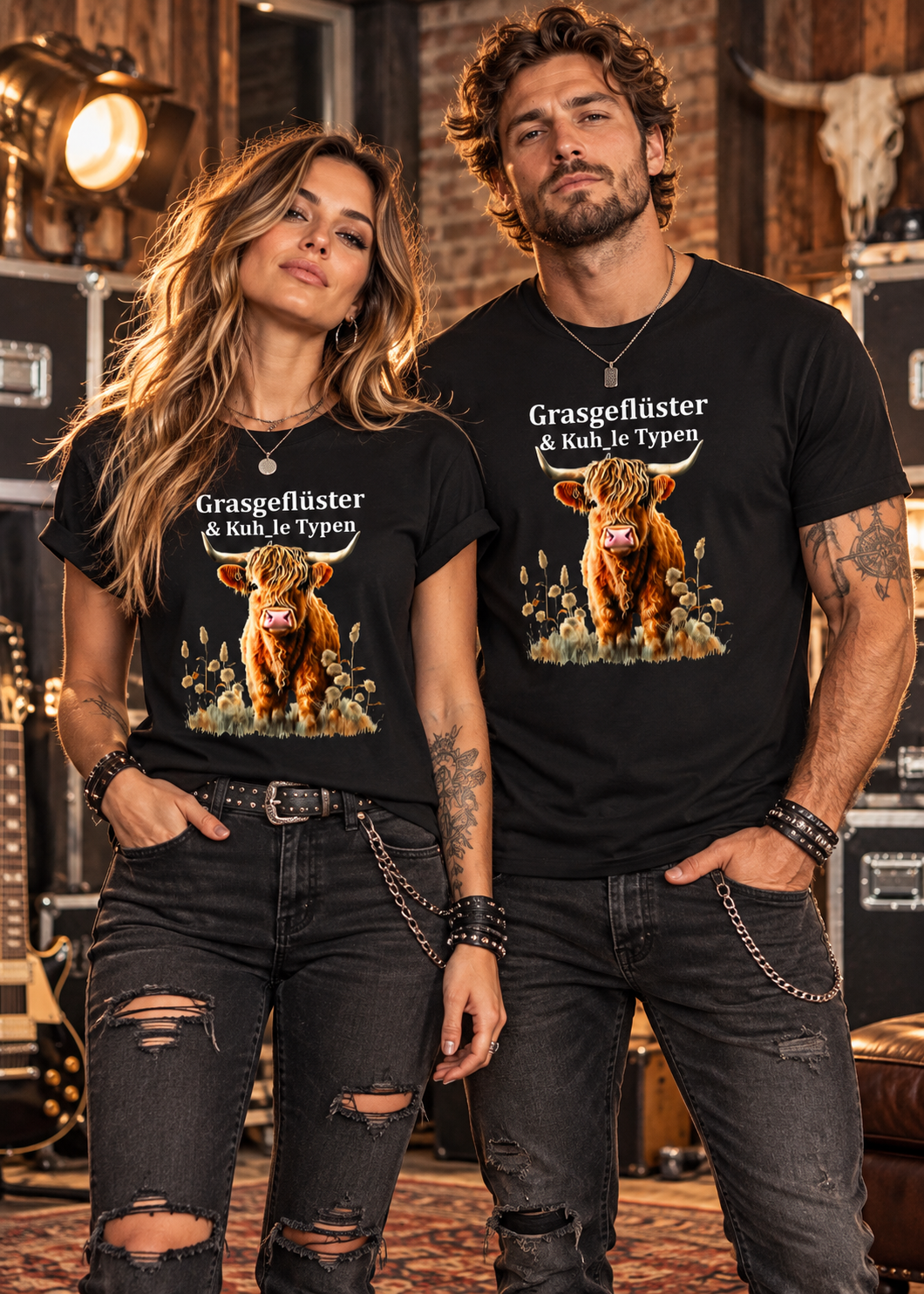 Frau und Mann tragen schwarze Highland Kuh T-Shirts mit Grasgeflüster und Kuh_le Typen Motiv in einem rockigen Industrial-Loft