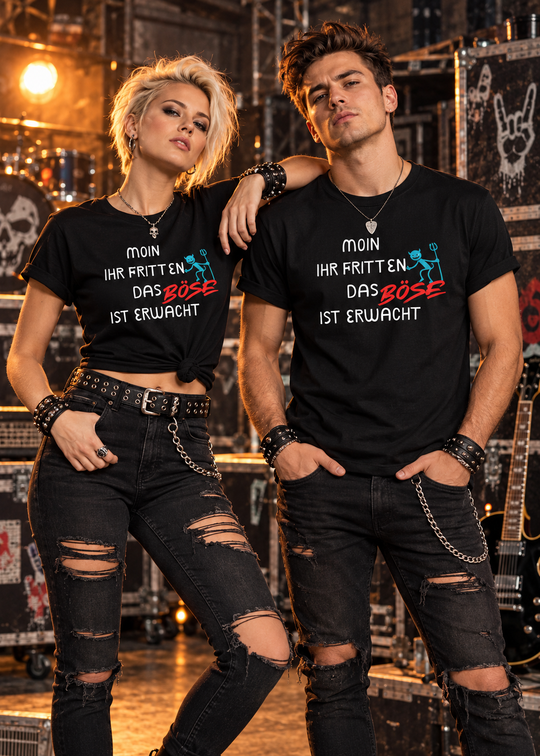 Tragebeispiel: Unisex-T-Shirt „Moin ihr Fritten – Das Böse ist erwacht“ in Black Opal.