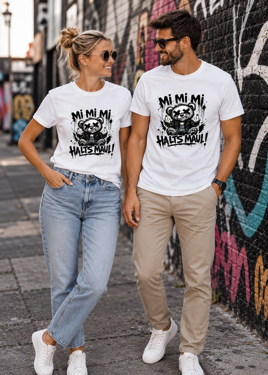 Tragebeispiel: Brummbär Bruno T-Shirt – Mi Mi Mi Halt’s Maul Punk Shirt in White.