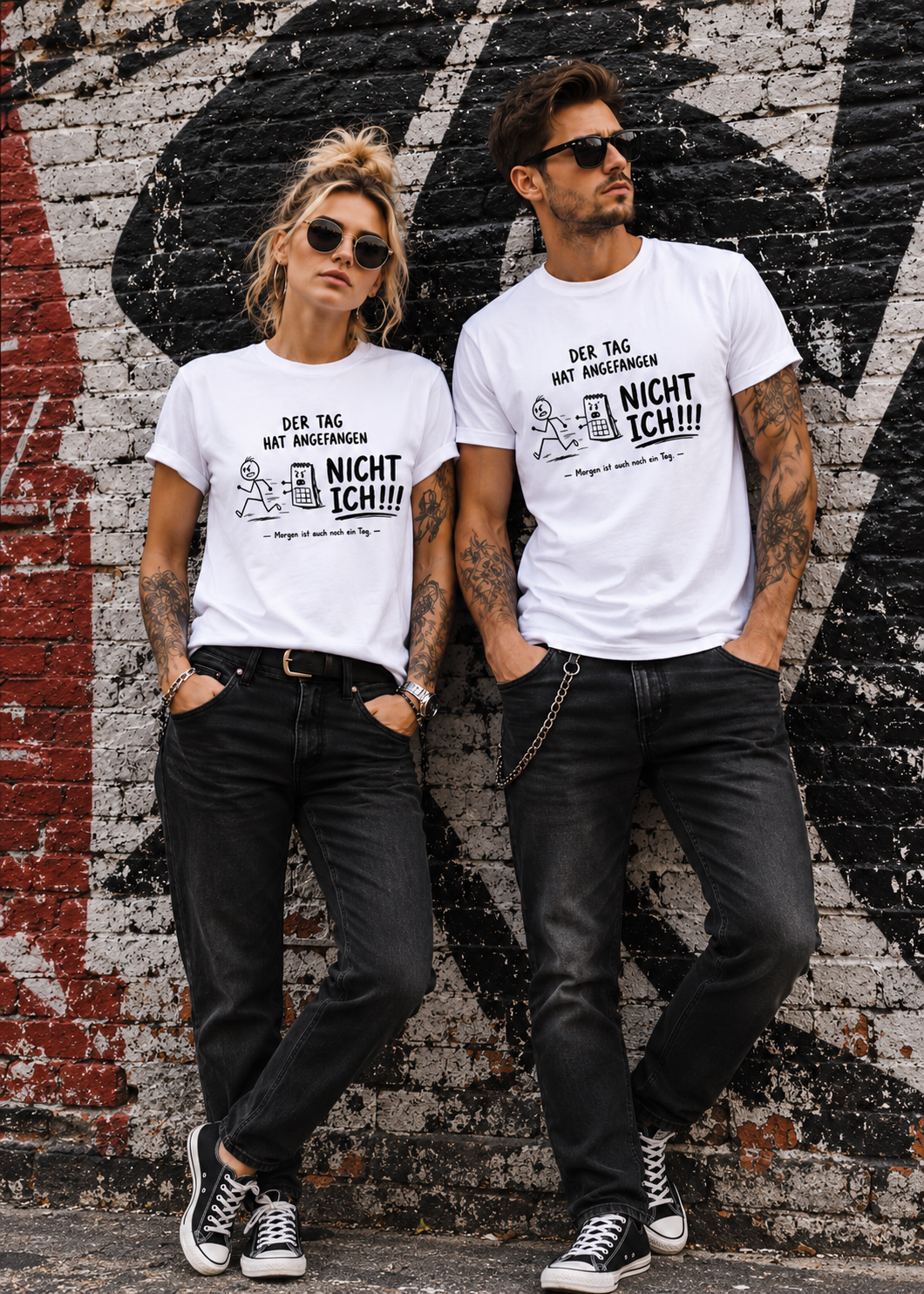 Tragebeispiel: Unisex-T-Shirt „Der Tag hat angefangen, NICHT ICH!!!“ in White.
