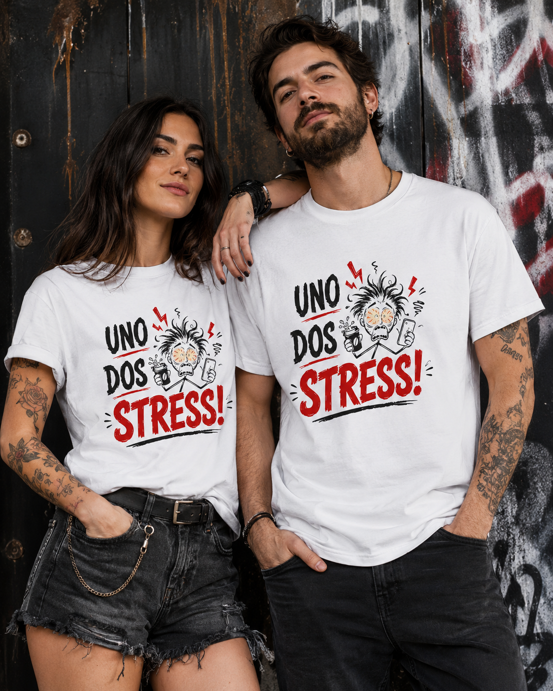 Frau und Mann tragen weiße Unisex T-Shirts mit dem lustigen Spruch UNO DOS STRESS und rockigem Stress-Motiv.