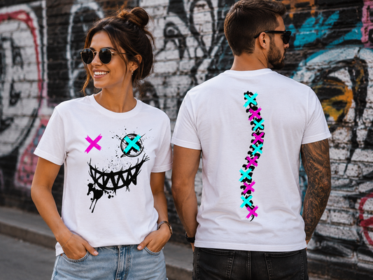 Neon Chaos Smile Unisex T-Shirt – Graffiti Face Streetwear Shirt mit Rückenprint