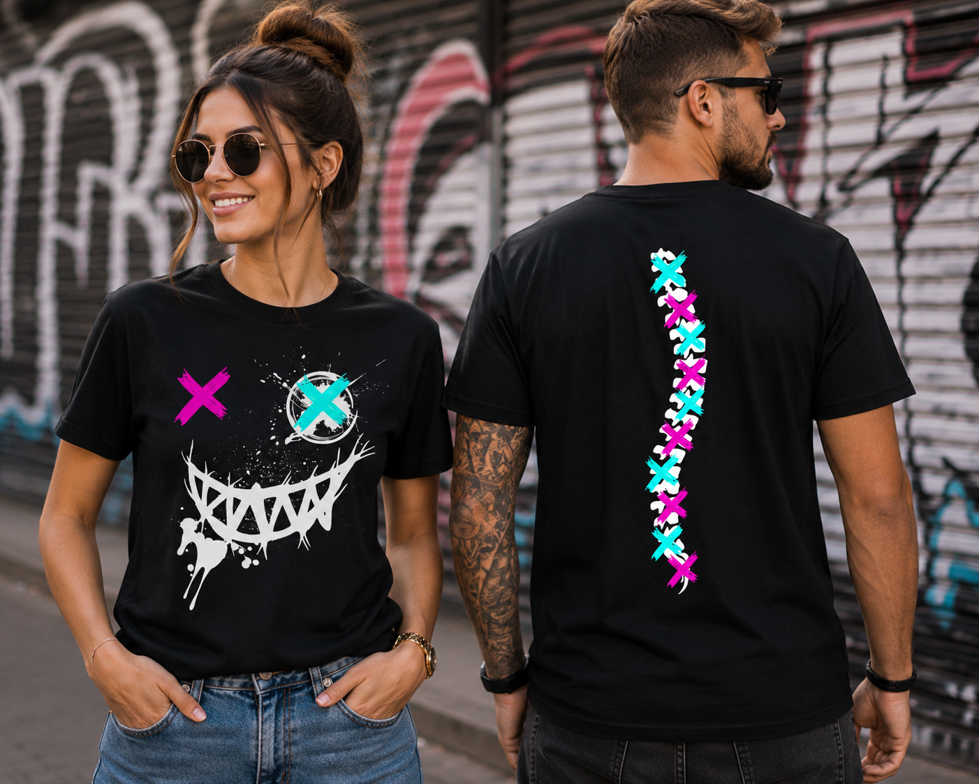 Neon Chaos Smile Unisex T-Shirt – Graffiti Face Streetwear Shirt mit Rückenprint