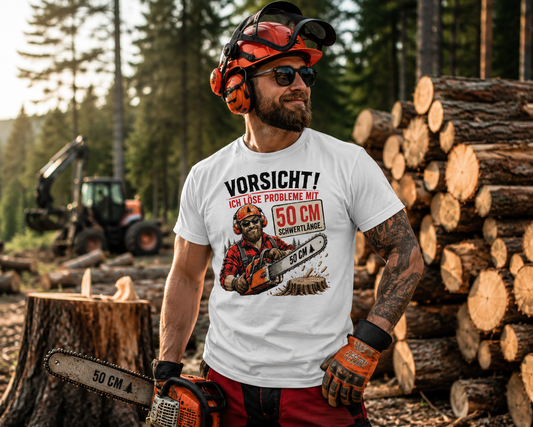 Vorsicht! Ich löse Probleme mit 50 cm Schwertlänge – Lustiges Waldarbeiter T-Shirt | Holzfäller Shirt | Motorsägen Humor