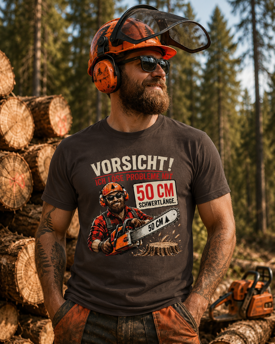 Vorsicht! Ich löse Probleme mit 50 cm Schwertlänge – Lustiges Waldarbeiter T-Shirt | Holzfäller Shirt | Motorsägen Humor