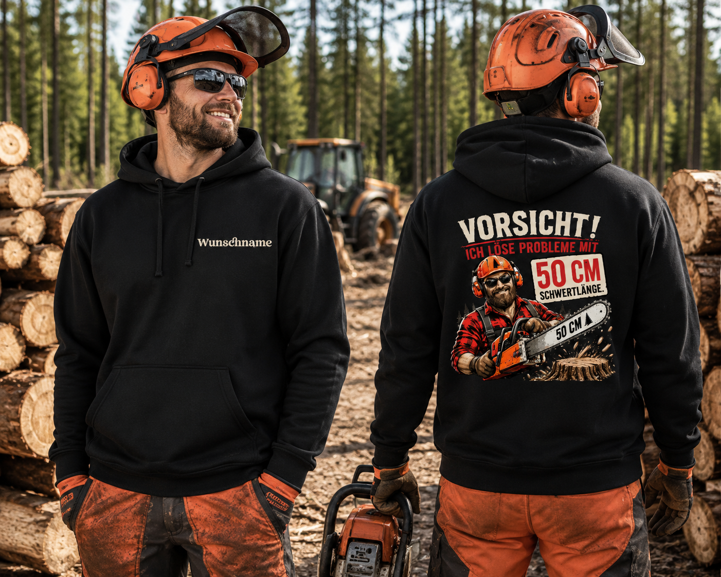 Personalisierter Waldarbeiter Hoodie – Vorsicht! Ich löse Probleme mit 50 cm Schwertlänge | Forstarbeiter Hoodie mit Wunschname