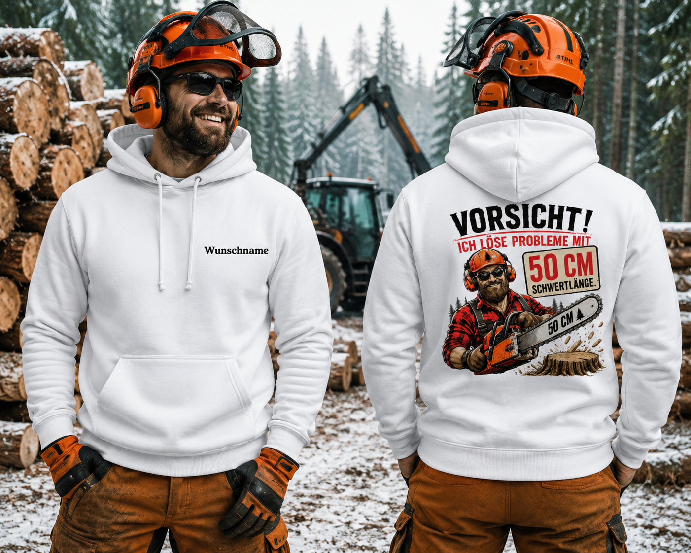 Personalisierter Waldarbeiter Hoodie – Vorsicht! Ich löse Probleme mit 50 cm Schwertlänge | Forstarbeiter Hoodie mit Wunschname