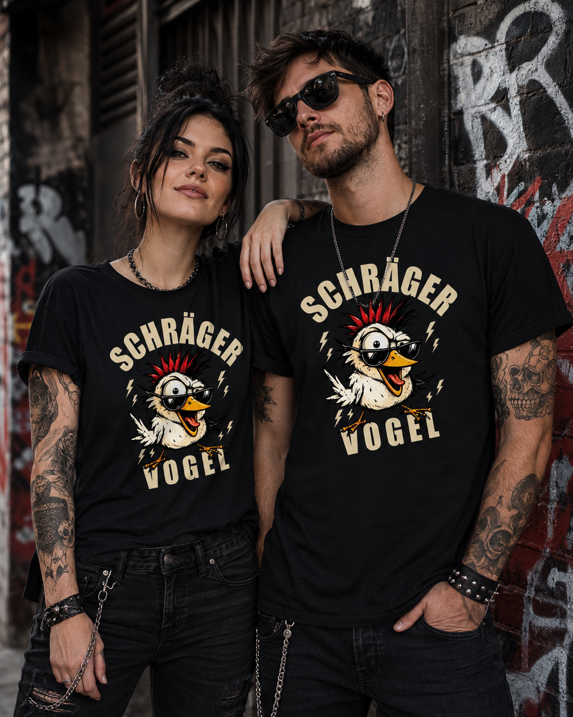 Schwarzes Unisex T-Shirt mit lustigem Punk-Vogel mit rotem Irokesenschnitt, Sonnenbrille und dem Schriftzug „Schräger Vogel“.