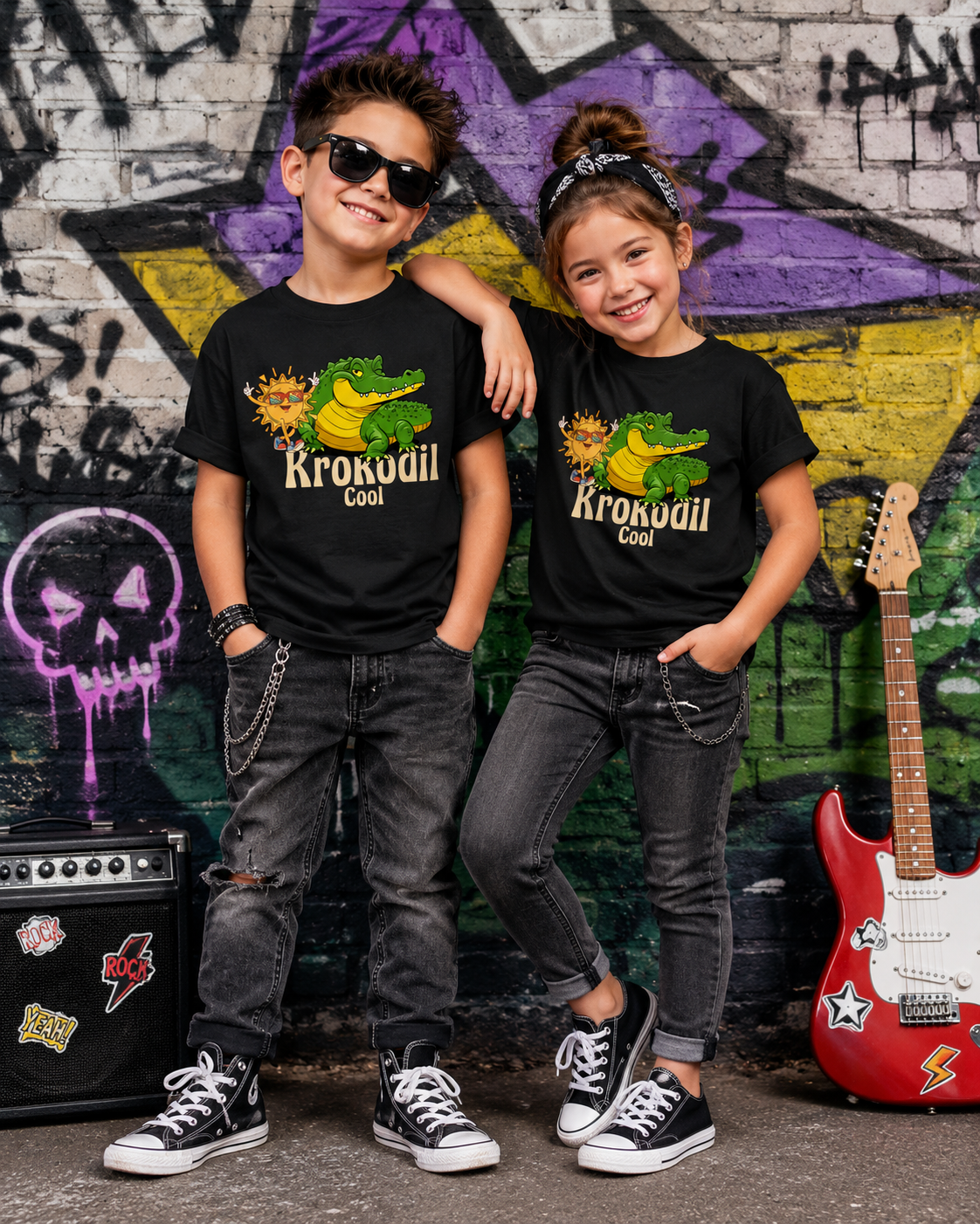 Junge und Mädchen im rockigen Style tragen schwarze Kinder T-Shirts mit grünem Krokodil-Cool-Motiv vor einer Graffitiwand.