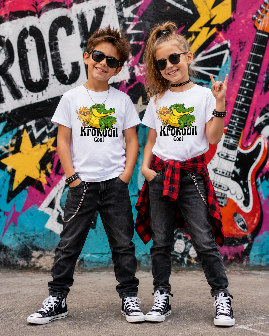 Junge und Mädchen im rockigen Style tragen weiße Kinder T-Shirts mit Krokodil-Cool-Motiv vor einer bunten Graffitiwand.