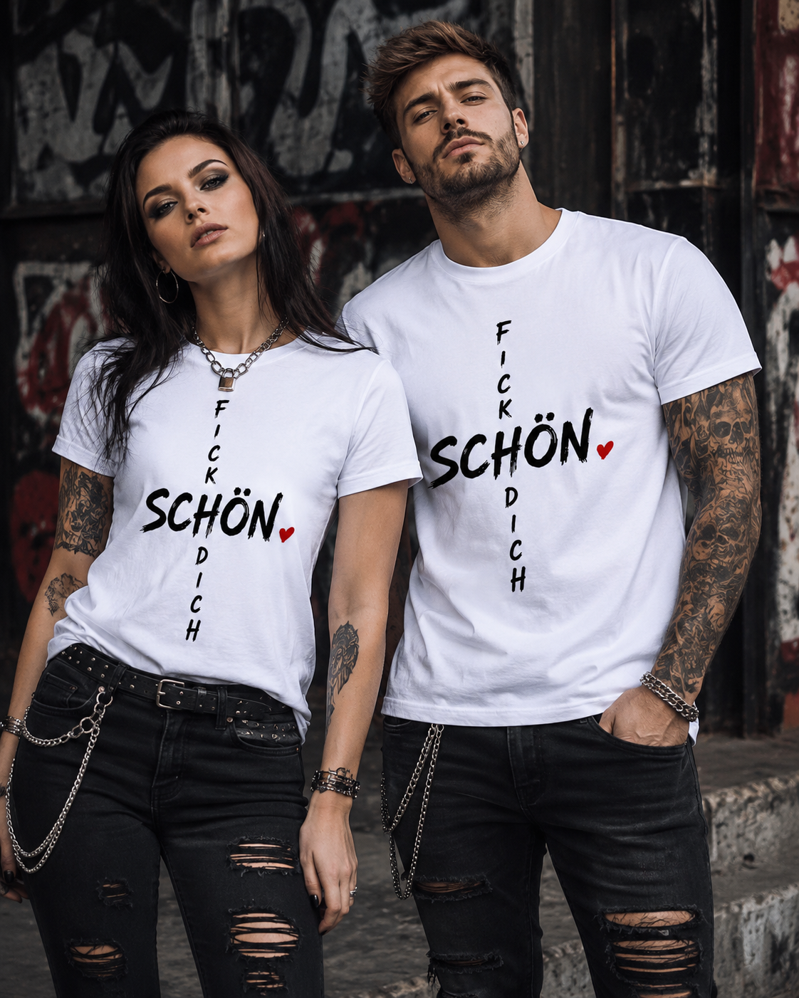 Frau und Mann im rockigen Stil tragen weiße Unisex T-Shirts mit schwarzem „Fick dich schön“-Schriftmotiv vor einer Graffitiwand.