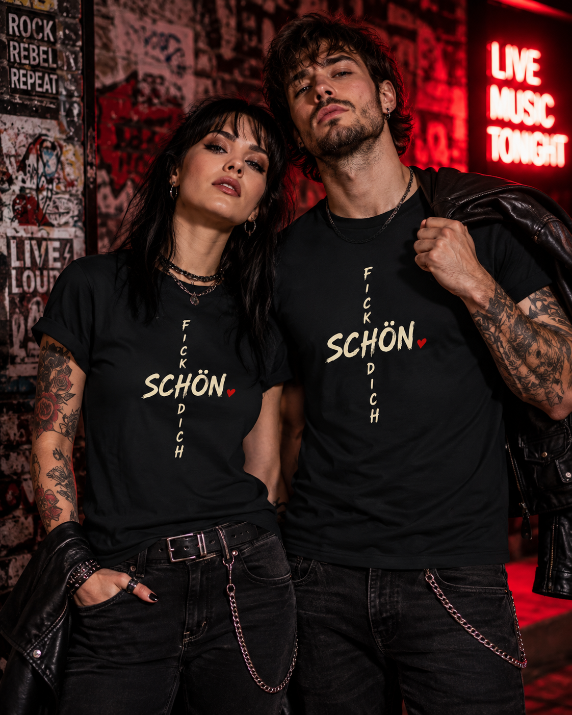 Frau und Mann im rockigen Stil tragen schwarze Unisex T-Shirts mit minimalistischem „Fick dich schön“-Motiv vor einem dunklen Rock-Hintergrund.