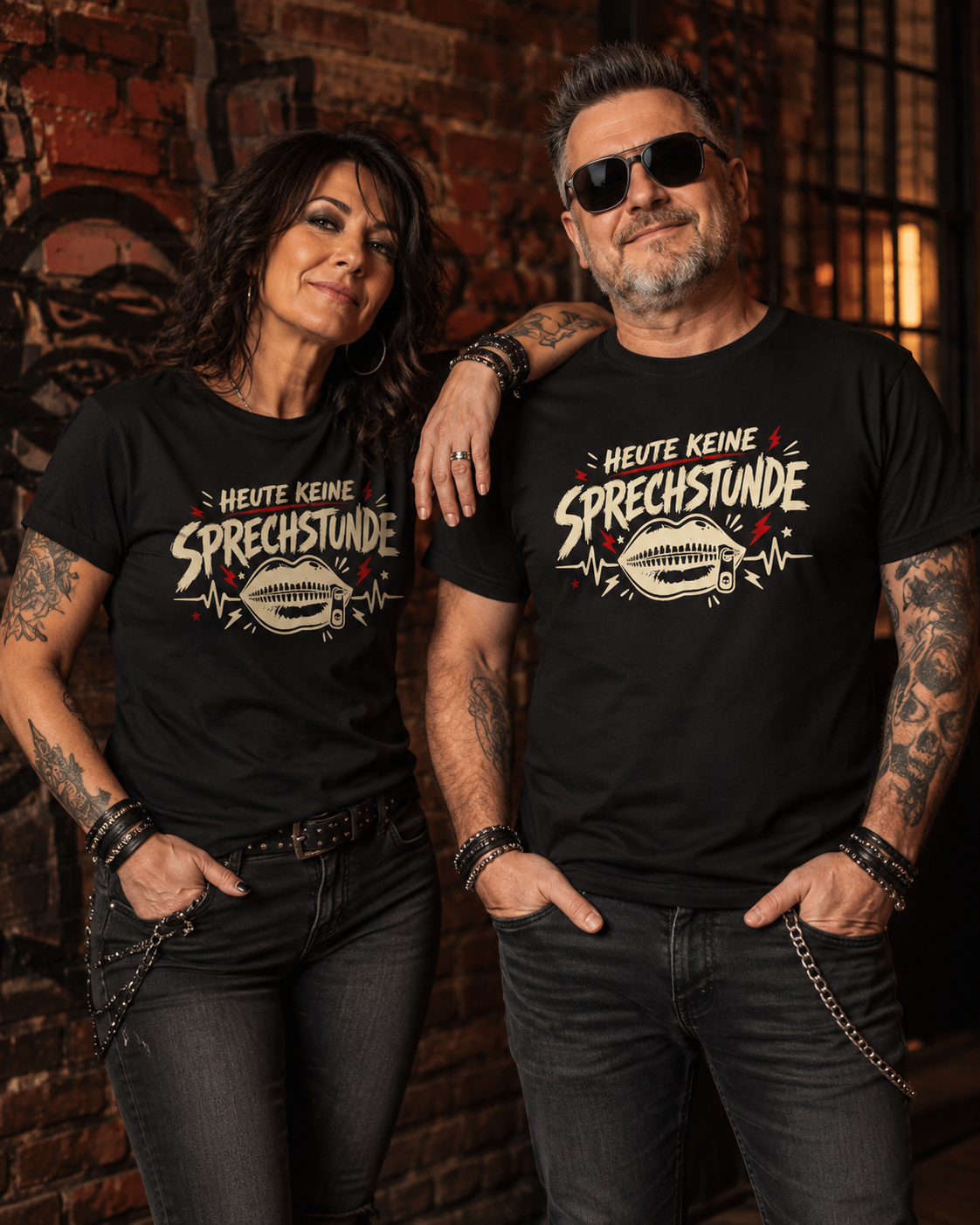 Frau und Mann tragen schwarzes Unisex T-Shirt Heute keine Sprechstunde im rockigen Stil