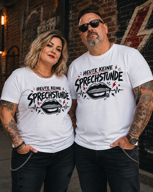 Frau und Mann tragen weißes Unisex T-Shirt Heute keine Sprechstunde mit schwarz-rotem Motiv