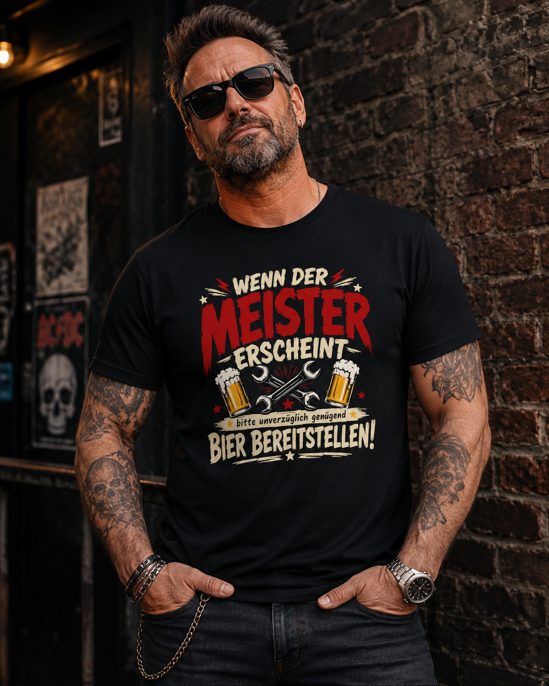 Mann trägt schwarzes Meister T-Shirt Wenn der Meister erscheint Bier bereitstellen im rockigen Stil