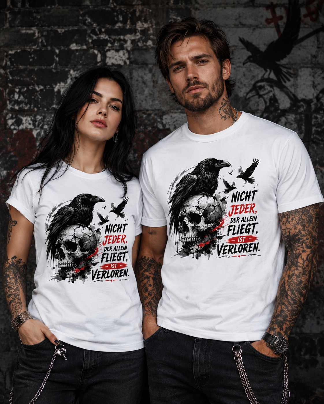 Nicht Jeder der Allein Fliegt T-Shirt – Dunkles Raben Shirt mit Totenkopf Motiv
