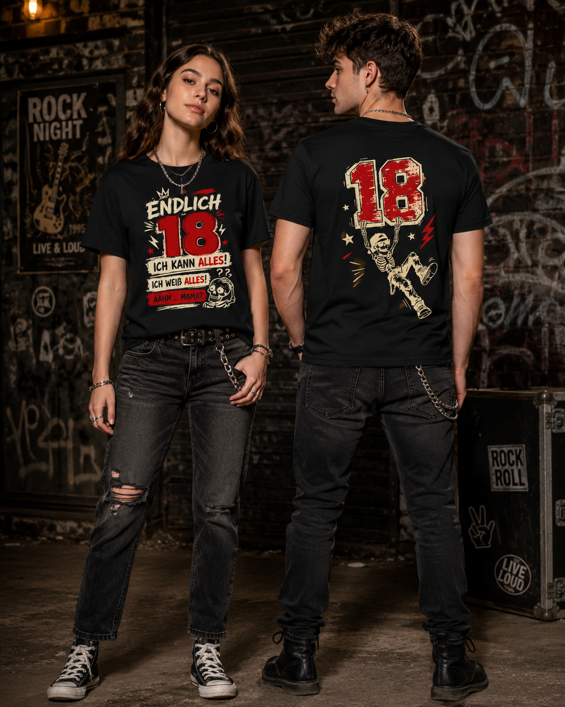 18-jährige Frau zeigt die Vorderseite und 18-jähriger Mann die Rückseite schwarzer Endlich-18-T-Shirts im rockigen Stil.