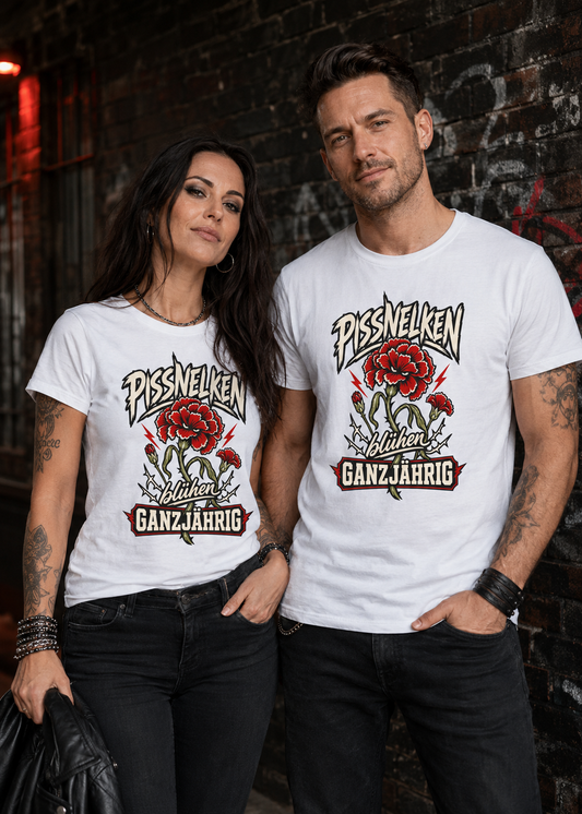 Pissnelken blühen ganzjährig – Lustiges Unisex T-Shirt in weiß
