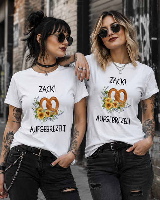 Damen T-Shirt „Zack! Aufgebrezelt“ | Lustiges Brezel Shirt mit Blumen