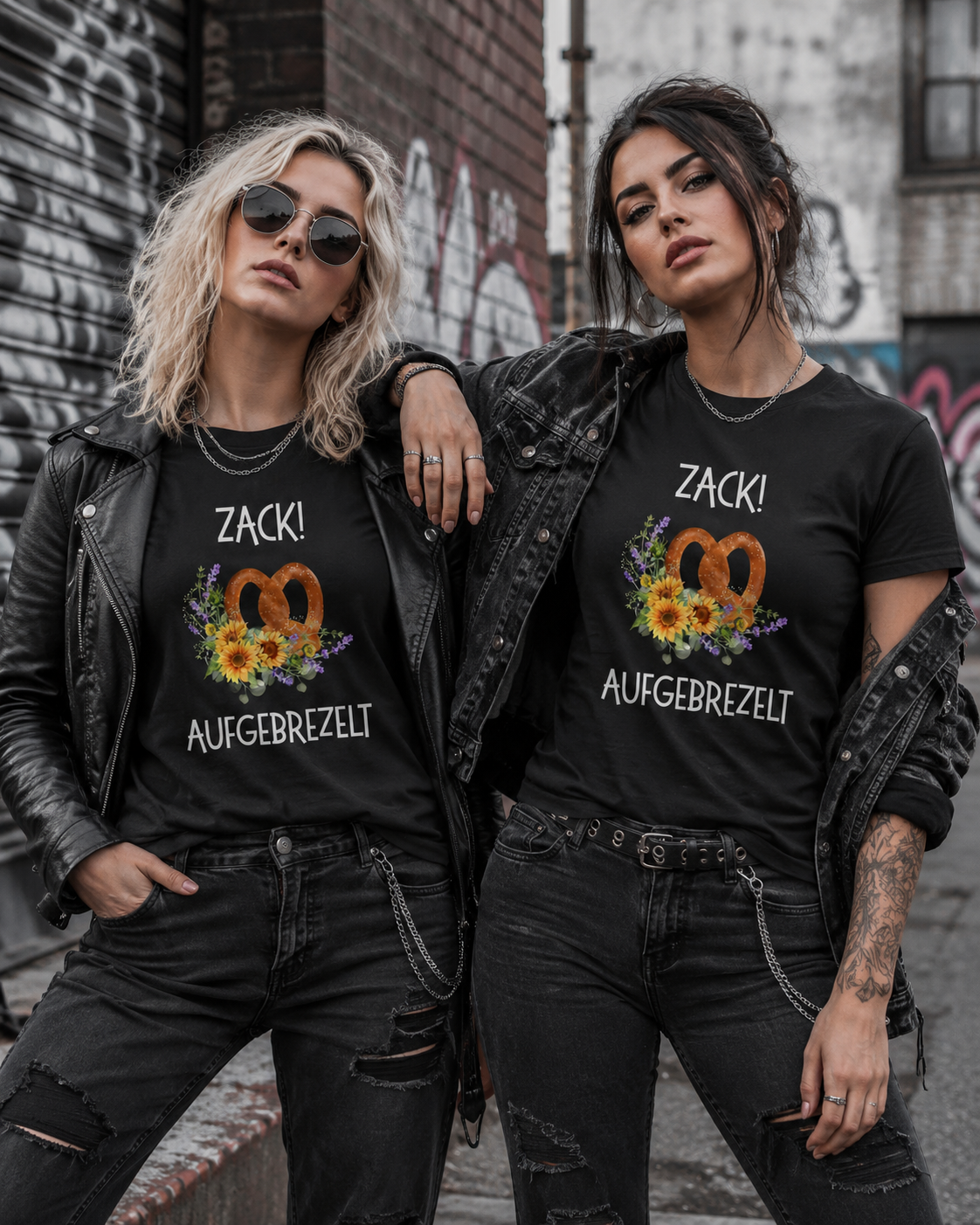 Damen T-Shirt „Zack! Aufgebrezelt“ | Lustiges Brezel Shirt mit Blumen