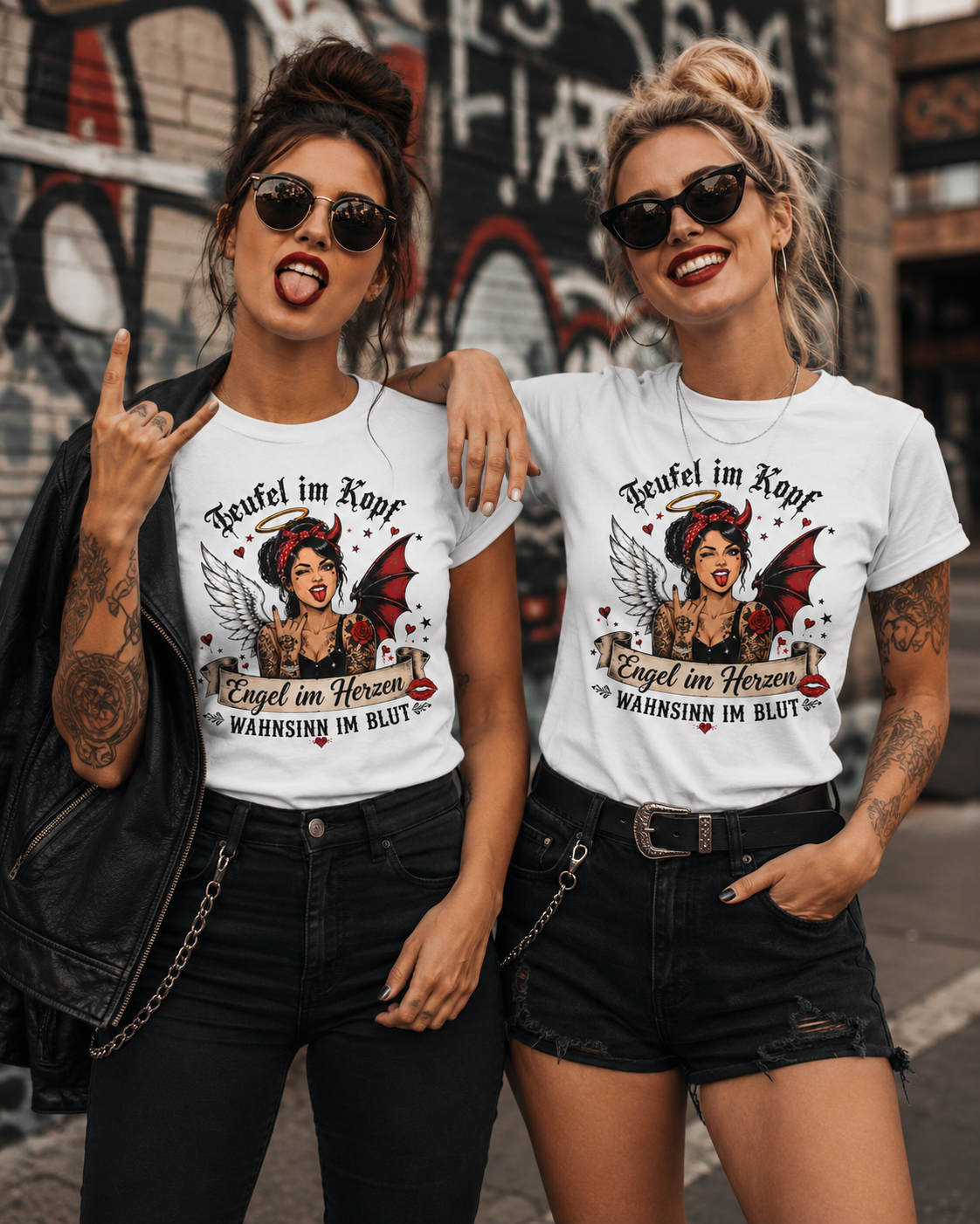 Teufel im Kopf Engel im Herzen Wahnsinn im Blut Damen T-Shirt – Frecher Statement Spruch