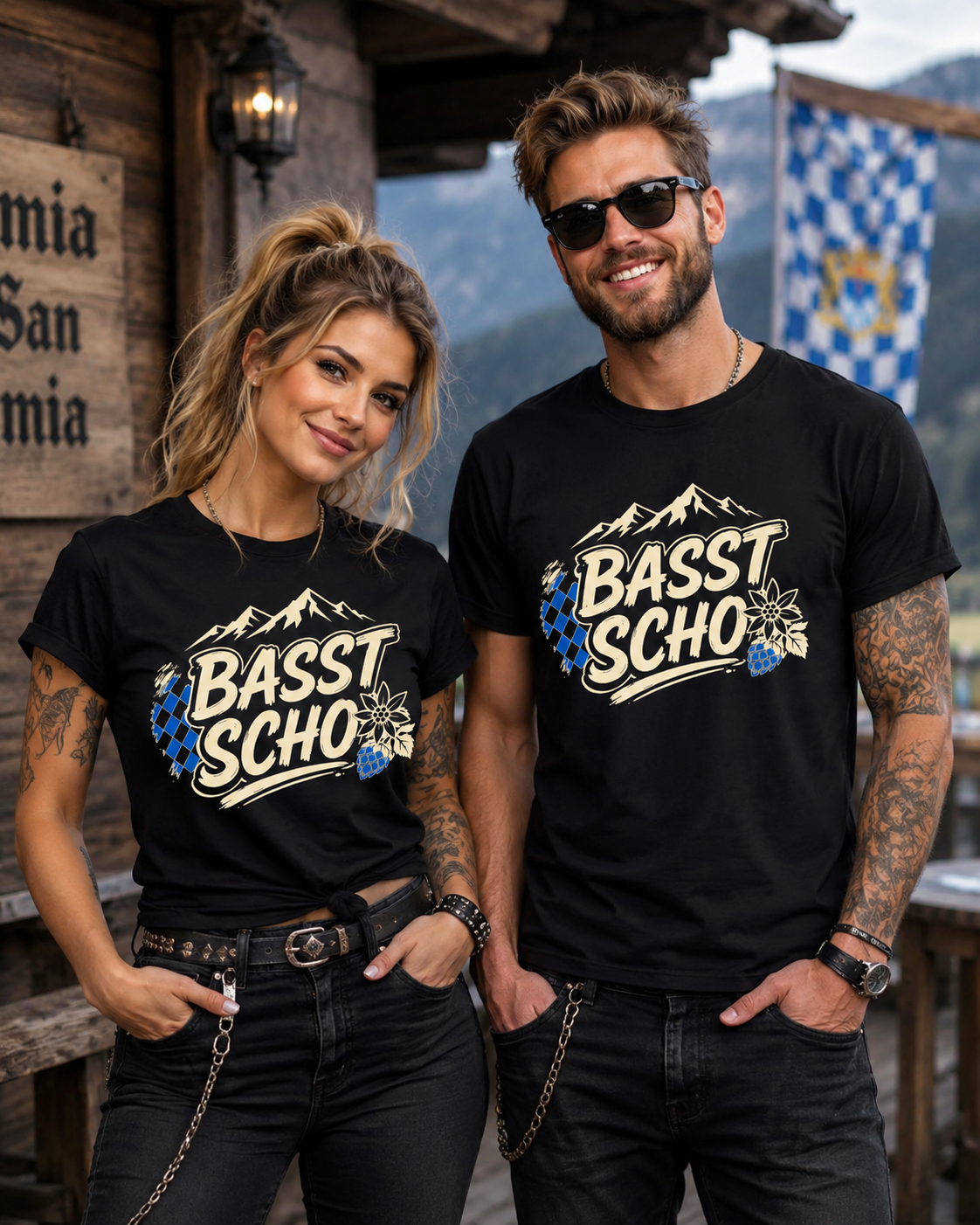 Basst scho – Bayerisches T-Shirt mit Bergen und Edelweiß