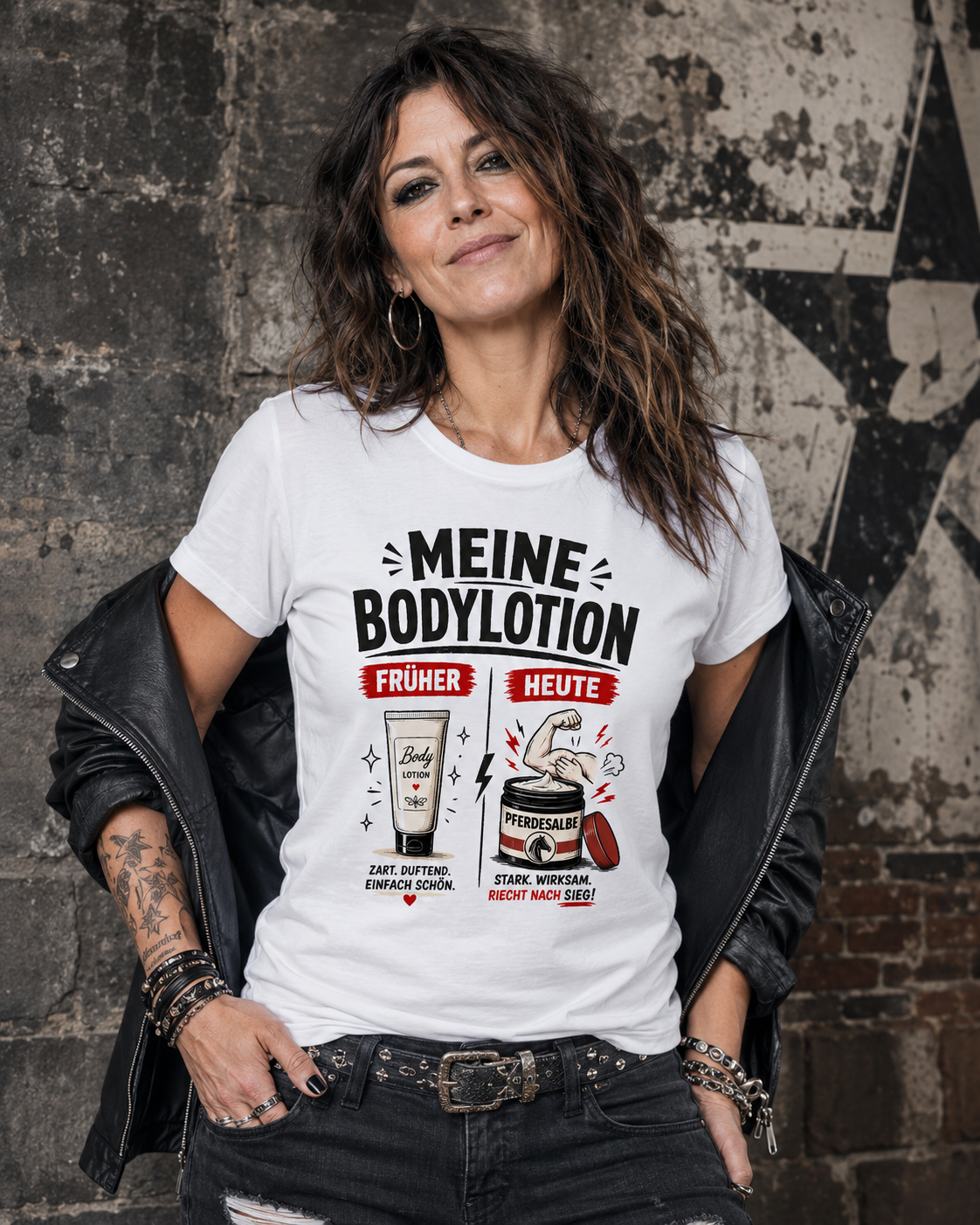 Lustiges Damen-T-Shirt mit dem Spruch „Meine Bodylotion – früher Bodylotion, heute Pferdesalbe“. Perfekt für starke Frauen, die über das Älterwerden lachen können.