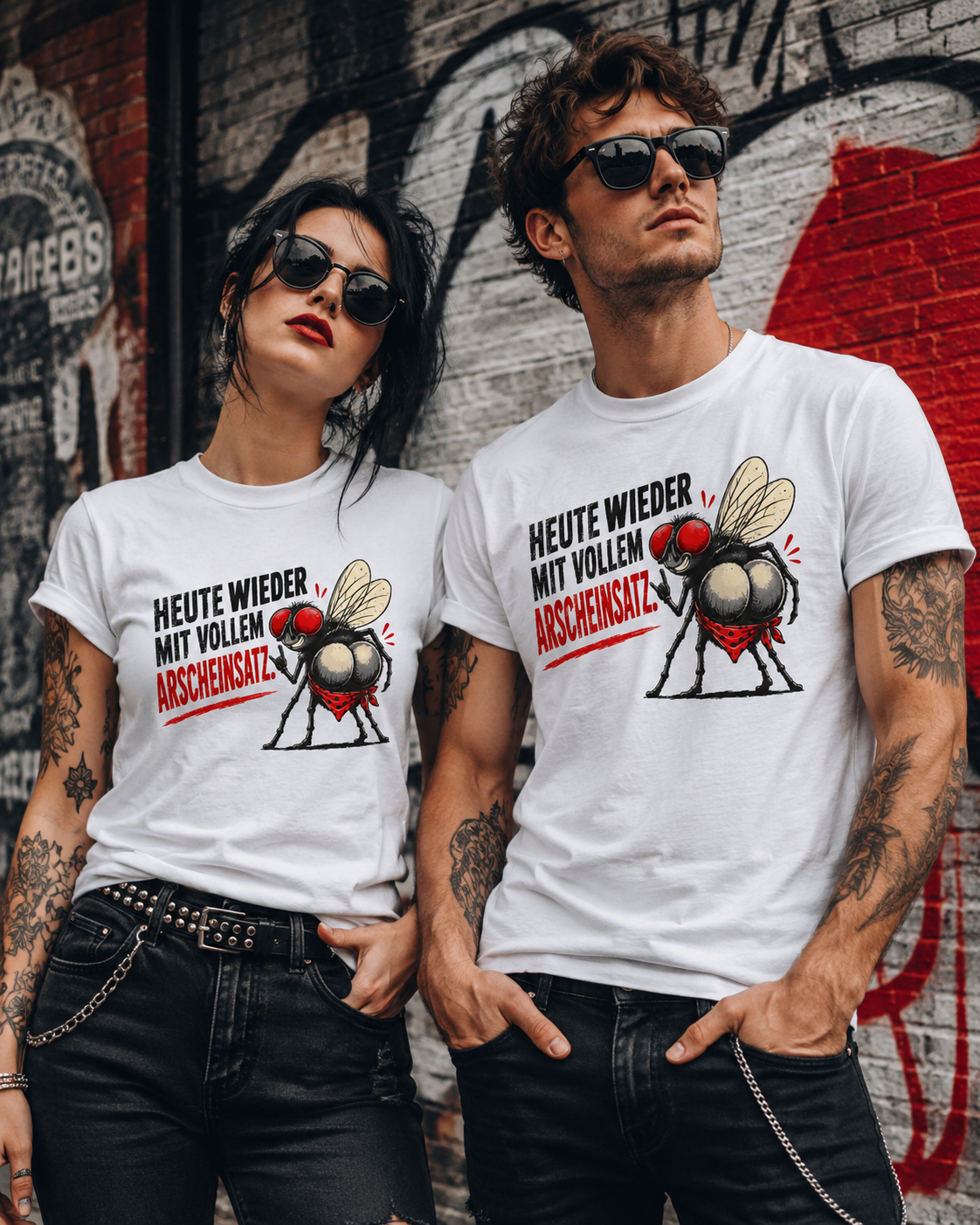 Rockiges Paar trägt weiße T-Shirts mit lustigem Fliegenmotiv und roter Schrift