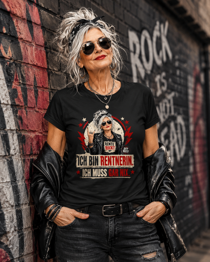 Coole Rentnerin im rockigen Stil trägt schwarzes Rente rockt Damen T-Shirt