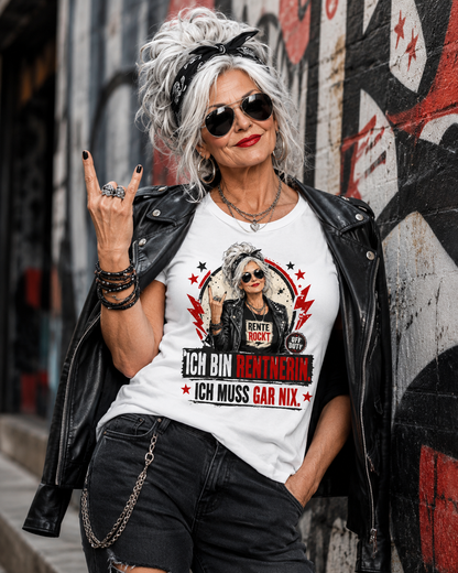 Rockige Rentnerin trägt weißes Ich bin Rentnerin T-Shirt mit Rente rockt Motiv