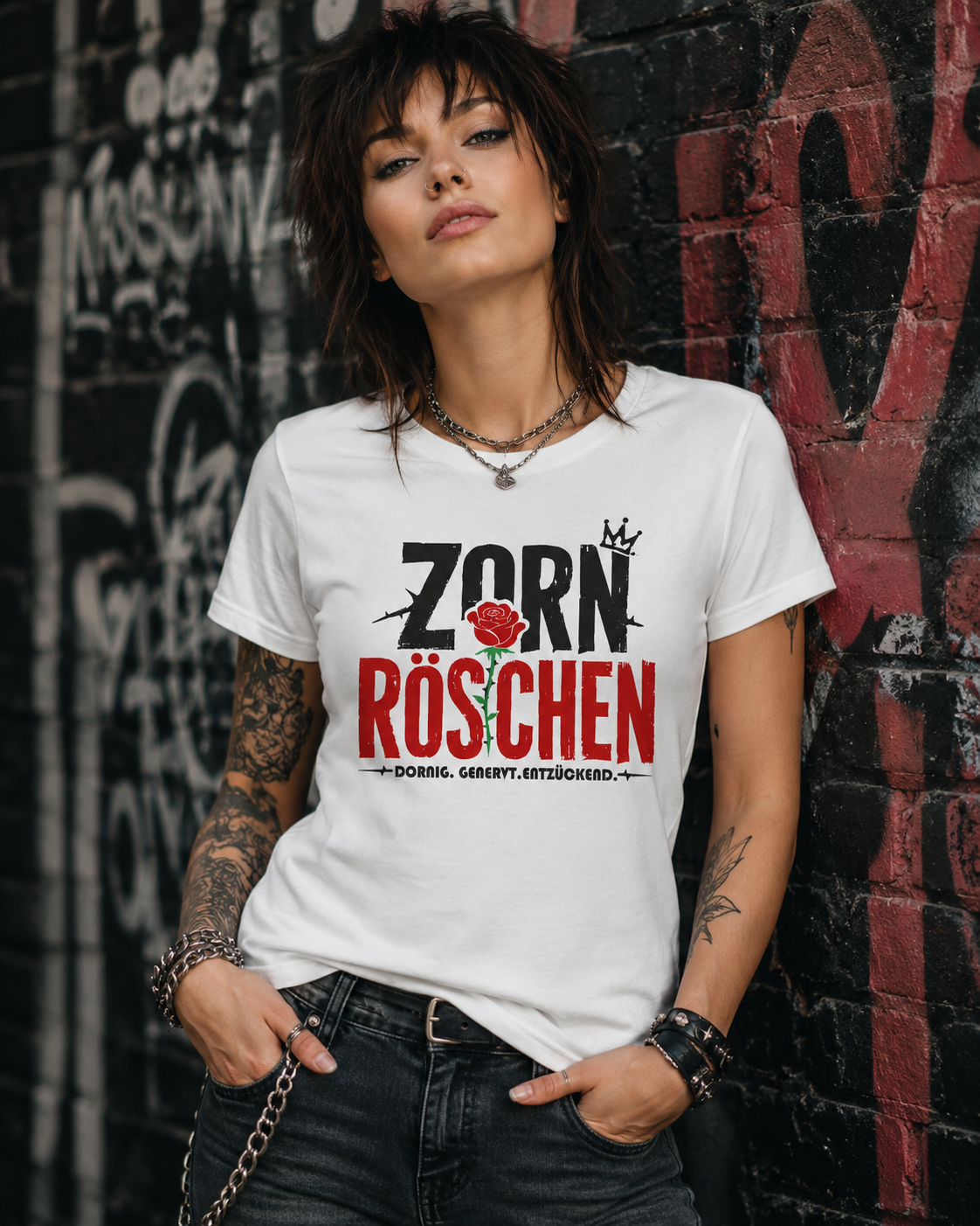 Rockige Frau trägt weißes Zorn Röschen T-Shirt vor einer Graffitiwand