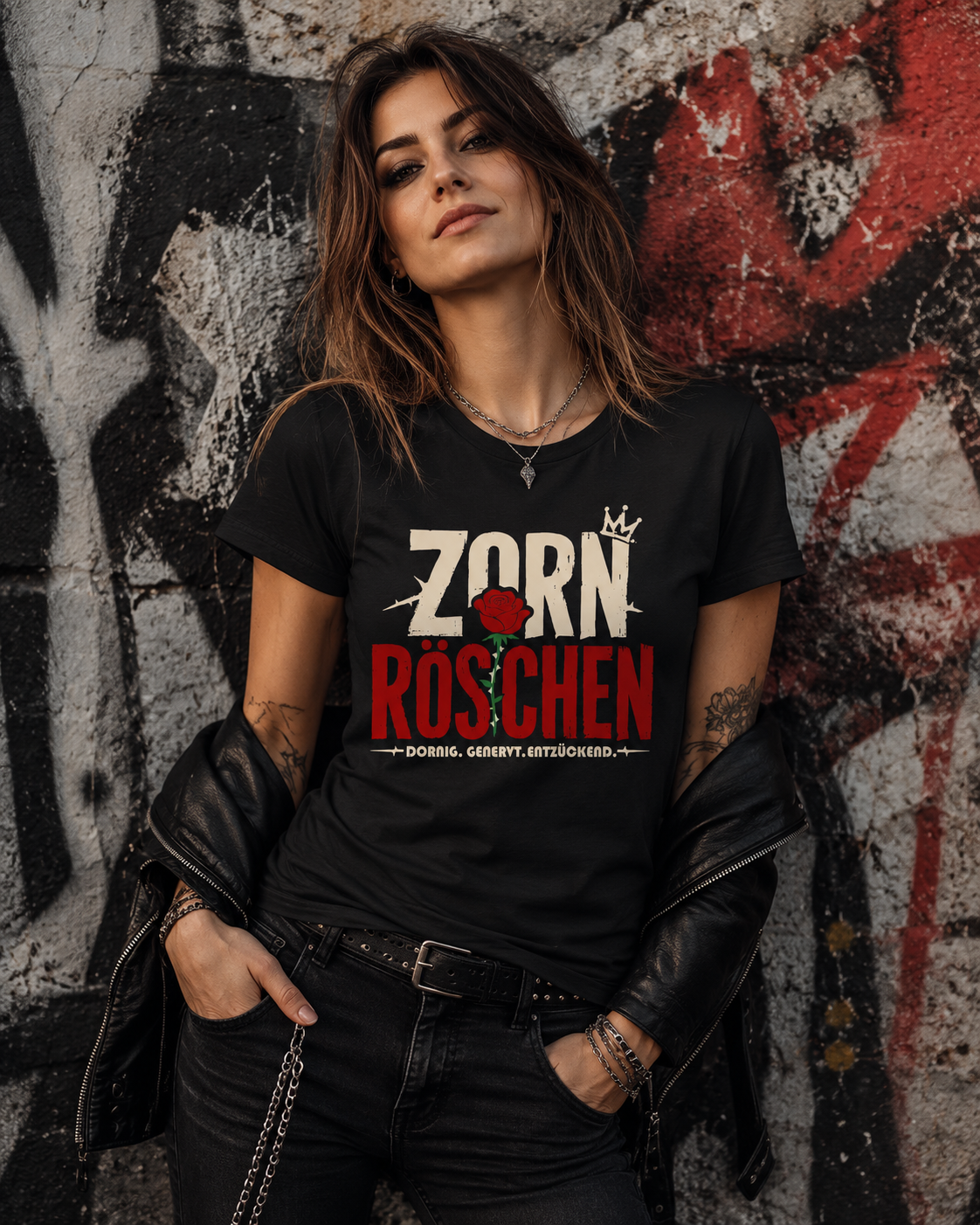 Frau im rockigen Stil trägt schwarzes Zorn Röschen Damen T-Shirt mit Rosenmotiv